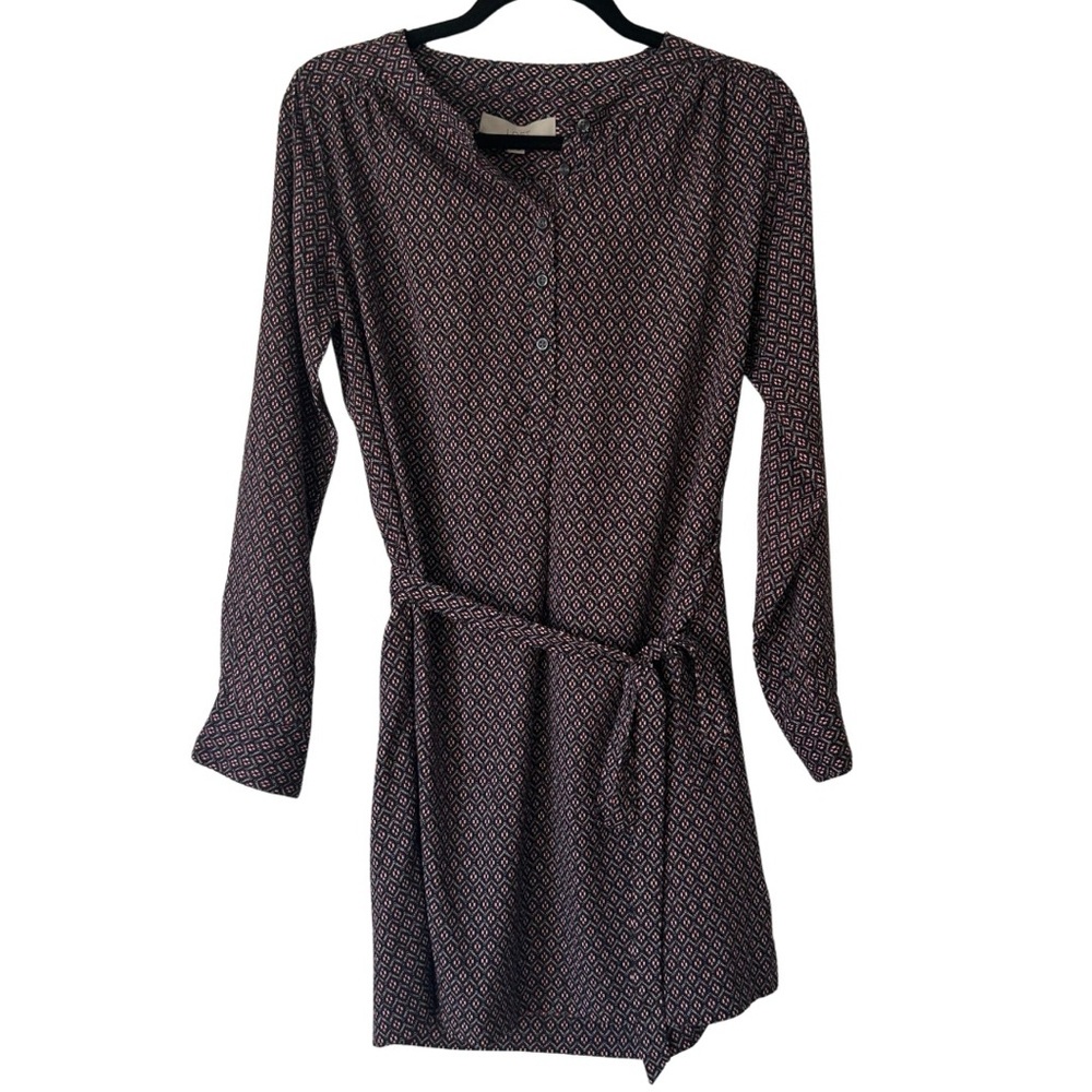 LOFT Mini Dress Maroon Gray Blue Longsleeve with Waist Tie Batik Print XS